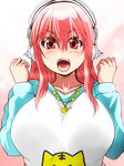  :o blush breasts commentary_request headphones isuna large_breasts long_hair looking_at_viewer nitroplus open_mouth pink_eyes pink_hair smile solo super_sonico v-shaped_eyebrows 