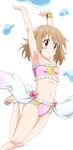  :t armpits arms_up bangs bare_shoulders bikini blush bow bracelet breasts brown_eyes brown_hair collarbone commentary_request frilled_bikini frills hanami_yuzuka highres jewelry leg_up looking_away magic mahou_shoujo_nante_mou_ii_desukara. messy_hair midriff navel no_socks pink_bikini pink_bow sandals short_hair showgirl_skirt simple_background small_breasts solo swimsuit trg-_(sain) v-shaped_eyebrows water wavy_mouth white_background 