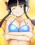  1girl bikini black_hair blue_eyes breasts coat gym_leader happy headphones kamitsure_(pokemon) pokemon_(game) wink 