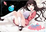  black_eyes black_hair bow convenient_leg copyright_name dress earth hair_bow hair_ribbon hews_hack kneehighs long_hair looking_at_viewer mary_janes moon open_mouth ribbon rin_(shelter) shelter_(music_video) shoes smile solo space_craft tablet_pc white_legwear 