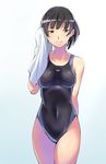  amagami black_eyes black_hair black_swimsuit breasts competition_swimsuit covered_navel cowboy_shot looking_at_viewer medium_breasts one-piece_swimsuit ponytail short_hair short_ponytail smile solo standing swimsuit towel tsukahara_hibiki yuujin_s 