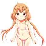  1girl autumn_rabbit bandai_namco bare_shoulders bikini blonde_hair blush closed_mouth collarbone cowboy_shot female futaba_anzu idolmaster idolmaster_cinderella_girls long_hair long_twintails looking_at_viewer micro_bikini midriff navel simple_background smile solo standing swimsuit thigh_gap twintails very_long_hair white_background 