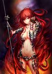  aaeru armor bandages bikini_armor black_gloves breasts cleavage detached_sleeves eyebrows eyebrows_visible_through_hair fingerless_gloves fire gauntlets gloves highres holding holding_weapon large_breasts long_hair looking_at_viewer midriff navel original red_eyes red_hair skull solo weapon 
