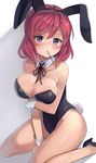  animal_ears bare_shoulders blush breasts bunny_ears bunny_girl bunny_tail bunnysuit cleavage detached_collar fake_animal_ears food highres large_breasts leotard love_live! love_live!_school_idol_project motokonut mouth_hold nishikino_maki pocky pocky_day purple_eyes red_hair short_hair sitting solo tail wariza wrist_cuffs 