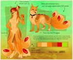  2016 aimi anthro claws digital_media_(artwork) digitigrade feathers female feral fur green_eyes hair karvarian mammal markings model_sheet multi_tail neko-sama nude orange_fur red_hair red_stones solo tagme tribal tribal_markings 