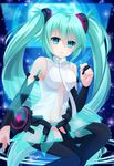  absurdres bad_id bad_pixiv_id black_legwear blue_eyes blue_hair breasts detached_sleeves felicia-val hair_between_eyes hair_ornament hatsune_miku hatsune_miku_(append) highres long_hair looking_at_viewer medium_breasts navel signature solo twintails vocaloid vocaloid_append white_background 
