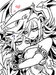  0nodera 1boy 1girl ? darklord_ixchel darklord_morningstar demon demon_girl demon_wings duel_monster head_wings heart hetero hug jewelry monochrome navel pointy_ears smile wings yu-gi-oh! yuu-gi-ou_duel_monsters 