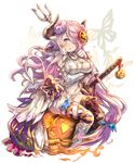  blue_eyes bug butterfly cloak commentary draph granblue_fantasy hair_over_one_eye haku_(sabosoda) halloween horns insect long_hair narmaya_(granblue_fantasy) pink_hair pumpkin solo sword tail thighhighs very_long_hair weapon wings 