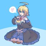  ahoge akairiot blazblue blazblue:_central_fiction blonde_hair blue_eyes braid breasts dress es_(xblaze) food large_breasts long_hair looking_at_viewer pantyhose pudding seiza sitting solo spoon underbust xblaze 