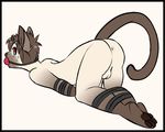  4_toes all_fours anthro anus backsack ball_gag balls bound brown_fur brown_hair cat feline fur gag gagged grey_background hair horn looking_back male mammal pawpads simple_background solo sweat toes white_fur yukiin 