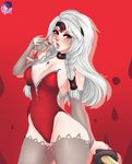  alternate_costume artist_name blood breasts cameltoe cleavage cup freya_(smite) holding_sword law-zilla leotard nail_polish outline red_background red_eyes red_leotard smite sword thighhighs white_hair 
