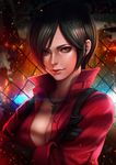  ada_wong black_gloves black_hair breasts burning cleavage face fence gloves jewelry light_smile lips looking_at_viewer magion02 medium_breasts necklace parted_lips red_eyes resident_evil short_hair solo 