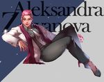  2016 alternate_costume artist_name buttons character_name closed_mouth coat collared_shirt dated dress_shirt fingernails formal full_body green_eyes grey_pants grey_shirt high_heels highres hwin lipstick looking_to_the_side makeup nail_polish necktie nose open_clothes open_coat overwatch pants pink_hair pink_lips pink_lipstick pink_nails purple_scarf scar scar_across_eye scarf shirt short_hair signature solo suspenders undercut white_coat white_neckwear zarya_(overwatch) 