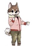  4_toes 5_fingers canine clothed clothing coat coiled_tail colored cub cup digital_media_(artwork) eating fully_clothed fur holding_object kemono kunugi looking_at_viewer male mammal pants shirt short simple_background spoon toes white_background young 