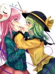  bad_id bad_pixiv_id blush bubble_skirt commentary_request feeding flying_sweatdrops food green_eyes green_hair green_shirt green_skirt hat hat_ribbon hata_no_kokoro highres komeiji_koishi long_hair long_sleeves mask multiple_girls nekomiyanono pink_eyes pink_hair plaid plaid_shirt pocky pocky_day profile ribbon shirt simple_background skirt sparkle sweat third_eye touhou upper_body very_long_hair white_background yellow_ribbon yellow_shirt yuri 