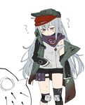  ? blush_stickers coat commentary eyebrows eyebrows_visible_through_hair g11_(girls_frontline) girls_frontline gradient grey_eyes hat long_hair looking_down off_shoulder pelican_(s030) silver_hair simple_background sleeves_past_wrists speech_bubble thigh_strap very_long_hair white_background 