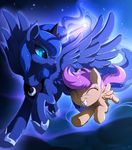  blue_eyes blue_feathers blue_fur blue_hair duo equine eyelashes eyes_closed feathered_wings feathers female feral flying friendship_is_magic fur hair hioshiru hooves horn mammal my_little_pony night nude orange_feathers orange_fur outside princess_luna_(mlp) purple_hair scootaloo_(mlp) sky smile winged_unicorn wings 