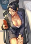  bijin_onna_joushi_takizawa-san black_hair black_jacket black_skirt blurry breasts brown_eyes cellphone chair cleavage collarbone depth_of_field downblouse earrings eyeshadow formal from_above hair_bun hand_on_own_thigh holding holding_phone jacket jewelry knees_together large_breasts lipstick long_sleeves looking_at_another looking_at_phone makeup mascara mature mole mole_under_mouth nail_polish necklace office_chair office_lady parted_lips pencil_skirt phone pink_lipstick pink_nails pursed_lips realistic short_hair sitting skirt skirt_suit smartphone solo suit sweat takizawa_kyouko whistlerx 