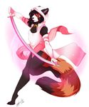  anthro clothed clothing eyes_closed female fur hair mammal melee_weapon myloveless red_panda solo striped_tail stripes sword weapon 