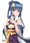  &gt;_&lt; 1girl :d absurdres armpit_crease arrow azur_lane bangs bare_shoulders beads blue_eyes blue_hair blue_sleeves blunt_bangs breasts closed_mouth commentary english_commentary eyebrows_visible_through_hair floral_print flower hair_flower hair_ornament hair_rings head_tilt heterochromia highres holding holding_arrow horns ibuki_(azur_lane) japanese_clothes kimono long_hair looking_at_viewer medium_breasts obi off_shoulder open_mouth purple_kimono rachel red_eyes san_diego_(azur_lane) sash sidelocks signature simple_background sleeveless sleeveless_kimono smile solo standing tassel upper_body white_background white_flower wide_sleeves xd 