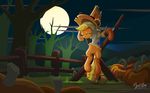  2016 applejack_(mlp) equine female fence food friendship_is_magic fruit glowing glowing_eyes green_eyes horse mammal moon my_little_pony mysticalpha night pony pumpkin scarecrow solo 