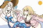  bikini blonde_hair blush braid closed_eyes fate/apocrypha fate/grand_order fate_(series) grey_eyes hat holding_hands jacket jacket_over_swimsuit jeanne_d'arc_(fate) jeanne_d'arc_(fate)_(all) marie_antoinette_(fate/grand_order) marie_antoinette_(swimsuit_caster)_(fate) multiple_girls silver_hair sweat swimsuit twintails 