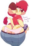  anthro big_butt butt caprine clothed clothing female frances_sugarfoot freckles goat hair horn jeans looking_at_viewer looking_back mammal pants raised_tail red_hair smile solo teeth torn_clothing vimhomeless yellow_eyes 