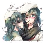  artist_name bad_id bad_twitter_id blush cape dated dual_persona eyepatch food green_eyes green_hair hair_between_eyes hat kantai_collection kiso_(kantai_collection) looking_at_another looking_at_viewer multiple_girls pocky pocky_kiss remodel_(kantai_collection) selfcest shared_food short_hair simple_background surprised yuihira_asu yuri 