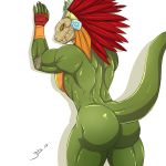  2018 anthro aztec big_butt bubble_butt butt butt_focus deity digital_media_(artwork) feathered_serpent feathers girokett green_skin headdress huge_butt kukulkan leaning_on_wall looking_back male mask muscular muscular_male nude presenting quetzalcoatl raised_tail reptile scalie signature simple_background snake solo standing white_background yellow_eyes 