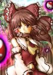  ascot aura bangs bare_shoulders bow brown_eyes brown_hair collared_shirt day detached_sleeves forest frilled_bow frilled_shirt_collar frills groin hair_bow hair_ornament hair_tubes hakurei_reimu highres long_hair looking_at_viewer midriff nature navel open_mouth orb outdoors parted_lips red_shirt red_skirt ribbon ribbon-trimmed_collar ribbon-trimmed_sleeves ribbon_trim shirt sidelocks skirt skirt_set smile solo tikano touhou tree upper_body wide_sleeves yin_yang 