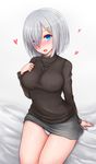  alternate_costume arm_support bed bed_sheet black_sweater blue_eyes breasts casual e-kichi eyebrows eyebrows_visible_through_hair eyes_visible_through_hair from_above hair_ornament hair_over_one_eye hairclip hamakaze_(kantai_collection) hand_on_own_chest highres jewelry kantai_collection large_breasts looking_at_viewer miniskirt open_mouth panties pantyshot pantyshot_(sitting) ribbed_sweater ring short_hair silver_hair sitting skirt smile solo striped striped_panties sweater tongue turtleneck turtleneck_sweater underwear vertical-striped_panties vertical_stripes wedding_band 