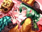  @_@ blush eyeball face-to-face food frilled_sleeves frills from_side green_eyes green_hair hata_no_kokoro heart heart_of_string hopeless_masquerade komeiji_koishi long_hair looking_at_another mask multiple_girls plaid plaid_shirt pocky pocky_day pocky_kiss profile shared_food shirt short_hair sparkle sweat third_eye touhou upper_body yuri zan_(harukahime) 