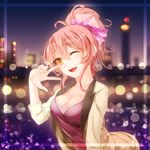  blurry bokeh bow breasts cleavage depth_of_field eyebrows eyebrows_visible_through_hair hair_bow highres idolmaster idolmaster_cinderella_girls jougasaki_mika large_breasts long_hair one_eye_closed open_mouth pink_hair ponytail smile solo unier v yellow_eyes 