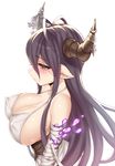  bandaged_arm bandages bangs black_hair blush breasts cleavage covered_nipples danua draph eyelashes from_side granblue_fantasy horn_ornament horns lang_(chikage36) large_breasts long_hair pointy_ears profile red_eyes sideboob simple_background solo upper_body white_background 