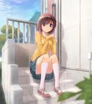  blue_eyes brown_hair day eyebrows eyebrows_visible_through_hair full_body hands_together highres hood hoodie ikeda_jun_(mizutamari) kneehighs looking_at_viewer original outdoors shoes short_hair sitting skirt sky smile sneakers solo stairs tree white_legwear 