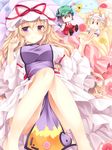  ajiriko animal_ears arm_garter banned_artist barefoot blonde_hair blush breasts cat_ears cat_tail character_doll chen closed_mouth dress flower fox_tail hat hat_ribbon juliet_sleeves knees_together_feet_apart kyuubi large_breasts long_hair long_sleeves looking_at_viewer lying mob_cap multiple_tails on_back on_bed pillow pillow_hat puffy_sleeves purple_eyes ribbon smile solo tabard tail touhou two_tails white_dress wide_sleeves yakumo_ran yakumo_yukari 
