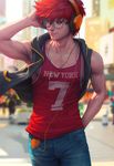  707_(susanghan_messenger) arm_behind_back blurry cellphone collarbone denim depth_of_field glasses hand_behind_head headphones highres hood hood_down jeans light looking_to_the_side male_focus muscle pants phone red_eyes red_hair signature smartphone smile solo stanley_lau susanghan_messenger tank_top vest 