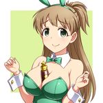  animal_ears between_breasts bottle bow bowtie breasts brown_hair bunny_ears bunnysuit cleavage detached_collar energy_drink fake_animal_ears green_bow green_eyes green_leotard green_neckwear hairband idolmaster idolmaster_cinderella_girls large_breasts leotard long_hair looking_at_viewer makihara_shiho pataniito side_ponytail solo upper_body wrist_cuffs 