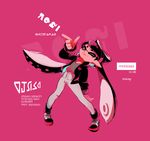  1girl alternate_costume aori_(splatoon) black_hair black_jacket bow dated domino_mask earrings eyebrows finger_gun full_body hair_bow highres inkling_(language) jacket jewelry long_hair looking_at_viewer mask mole mole_under_eye one_eye_closed open_clothes open_jacket pants pink pink_eyes pointy_ears seto_(asils) shirt simple_background solo splatoon_(series) splatoon_1 symbol-shaped_pupils t-shirt tentacle_hair tentacles thick_eyebrows white_pants 