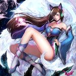 2016 acronym adapted_costume ahri ahri_(cosplay) animal_ears animal_print artist_name bad_anatomy bad_id bad_leg bad_pixiv_id bangs bare_shoulders blue_dress blue_footwear breasts brown_eyes brown_hair bunny_print character_name choker cleavage cosplay d.va_(overwatch) dated detached_sleeves dress energy_ball facepaint facial_mark fake_animal_ears fox_ears fox_tail hand_on_hip headphones high_heels highres knee_up kneehighs korean_clothes large_breasts league_of_legends legs lipstick long_hair long_legs long_sleeves looking_at_viewer makeup multiple_tails nail_polish nose overwatch parted_lips pink_lips pink_lipstick pink_nails shoes signature smile solo strapless strapless_dress swept_bangs tail tassel ttaji_(pass35) very_long_hair whisker_markings wide_sleeves 