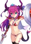  armor bangs bikini bikini_armor black_legwear blue_eyes breasts closed_mouth collarbone dragon_tail elizabeth_bathory_(brave)_(fate) elizabeth_bathory_(fate)_(all) fate/extra fate/extra_ccc fate/grand_order fate_(series) gauntlets hair_ribbon harimoji highres holding holding_sword holding_weapon horns long_hair loose_bikini navel oversized_clothes pauldrons pink_hair pointy_ears red_armor red_bikini ribbon shield shiny shiny_hair shiny_skin silver_trim simple_background small_breasts smile solo standing swimsuit sword tail thigh_gap thighhighs tiara weapon white_background 