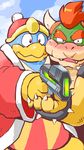  2014 avian bird blush bowser clothing cloud cold_sweat cuffs_(disambiguation) duo garousuki hair hand_holding horn king_dedede kirby_(series) koopa lovesick mario_bros nintendo outside overweight penguin red_hair robe scalie sky standing steam toy_gun video_games waistband 