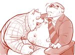  2014 bear blush canine clothing eyes_closed garousuki handjob hat kemono male male/male mammal monochrome moob_suckle necktie overweight polar_bear saliva sepia sex simple_background sitting suit white_background wolf 