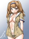  2016 arms_behind_back blush breasts cleavage collarbone dated embarrassed eyebrows eyebrows_visible_through_hair gradient gradient_background hairband i-26_(kantai_collection) kantai_collection large_breasts light_brown_eyes light_brown_hair long_hair looking_away naked_coat navel open_mouth sailor_collar short_sleeves solo tatsumi_ray twitter_username two-tone_hairband two_side_up wavy_mouth 