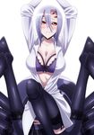  arachne arms_up blush bra breasts carapace cleavage cowboy_shot extra_eyes eyes_visible_through_hair garters hair_between_eyes hair_over_one_eye highres insect_girl large_breasts lavender_hair md5_mismatch monster_girl monster_musume_no_iru_nichijou multiple_legs official_art open_clothes open_shirt parted_lips rachnera_arachnera red_eyes resized shirt simple_background solo spider_girl underwear upscaled white_background 