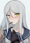  blush commentary_request food food_in_mouth kantai_collection looking_at_viewer nose_blush pale_skin pocky pocky_day pov sailor_collar shinkaisei-kan solo_focus ta-class_battleship walzrj white_hair yellow_eyes 