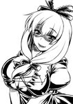  bow breasts cleavage dress front_ponytail greyscale hair_bow kagiyama_hina large_breasts long_hair looking_at_viewer monochrome namidame parted_lips shaded_face smile solo touhou upper_body v_arms 