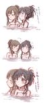  2girls black_hair blush brown_hair closed_eyes comic commentary_request eyebrows eyebrows_visible_through_hair hair_up highres idolmaster idolmaster_cinderella_girls kobayakawa_sae long_hair looking_at_another mizumoto_yukari multiple_girls naked_towel partially_submerged shizuru_(ayuhiko) silent_comic sketch sleeping towel translation_request 