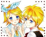  1girl blonde_hair blue_eyes brother_and_sister clenched_hands crying crying_with_eyes_open hair_ribbon hair_tie hairband kagamine_len kagamine_rin kotetu_han looking_at_viewer open_mouth ponytail ribbon shirt siblings sleeveless smile striped striped_shirt tears twins vocaloid 