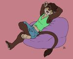  anthro bean_bag clothing crossed_legs fangs feet feline flat_colors humanoid_feet looking_at_viewer male mammal midriff nokemy open_mouth raised_arm reclining saber-toothed_cat sabertooth_(feature) shirt shorts signature smile solo tank_top whiskers 